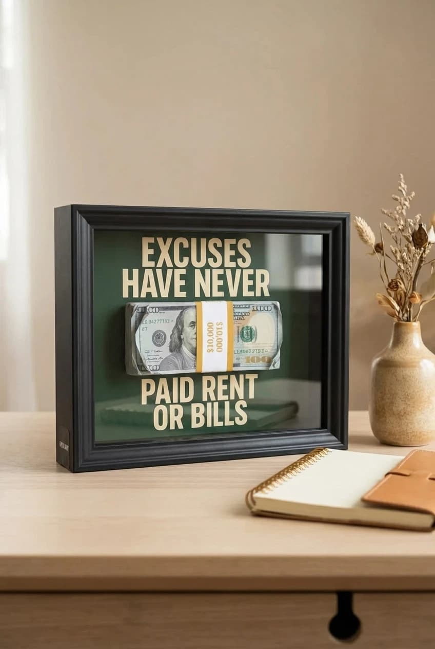 Minimal motivational display frame styled on a modern desk