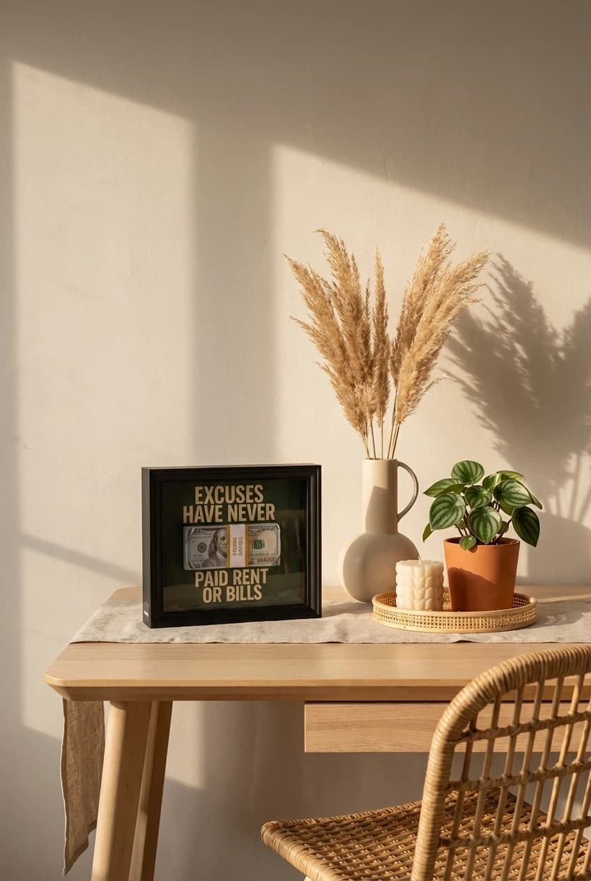 Organic modern home office decor vignette with framed art, natural textures, and warm light