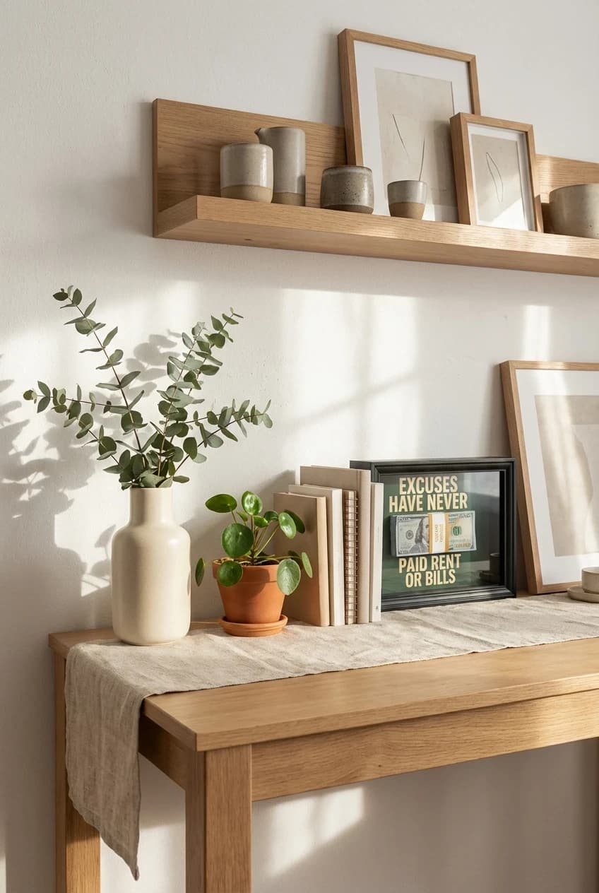 Organic modern home office decor scene with curated frames and desk accessories